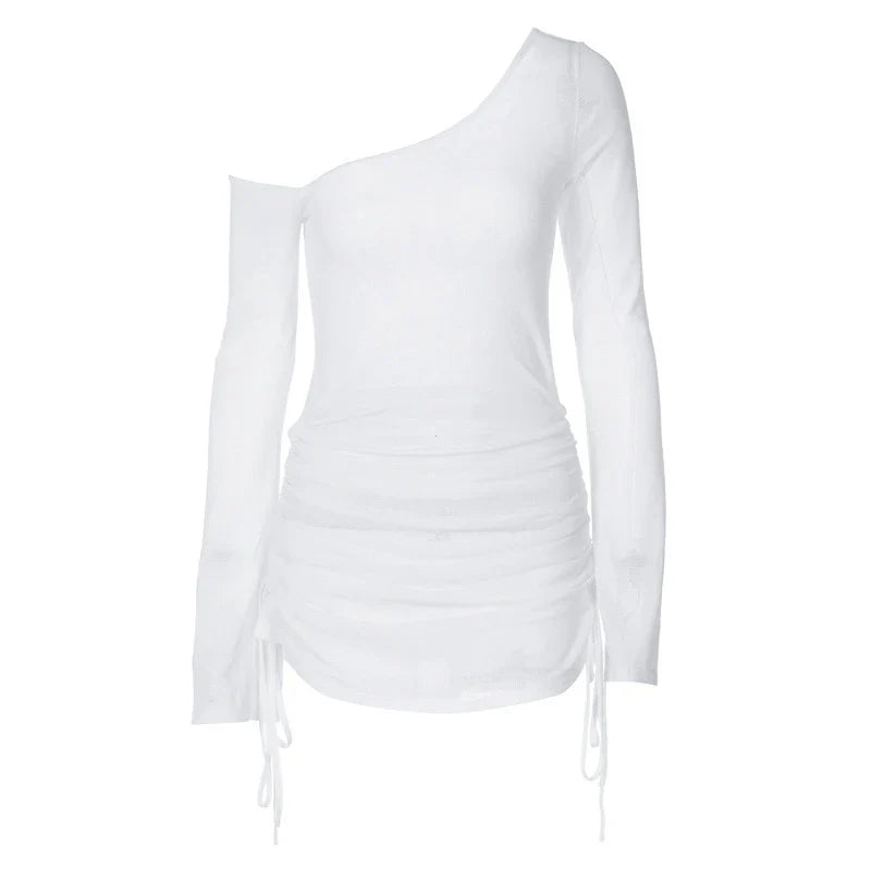 Solid Skew Collar Ruched Straps Lace-Up See Through Draw String Mini Dress