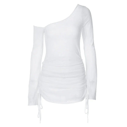Solid Skew Collar Ruched Straps Lace-Up See Through Draw String Mini Dress