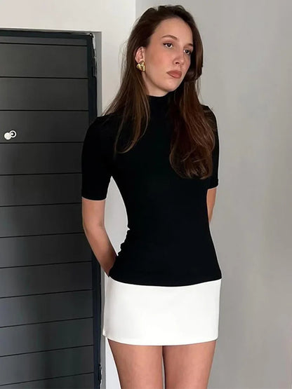 Patchwork Turtleneck Short Sleeve Bodycon Mini Dress