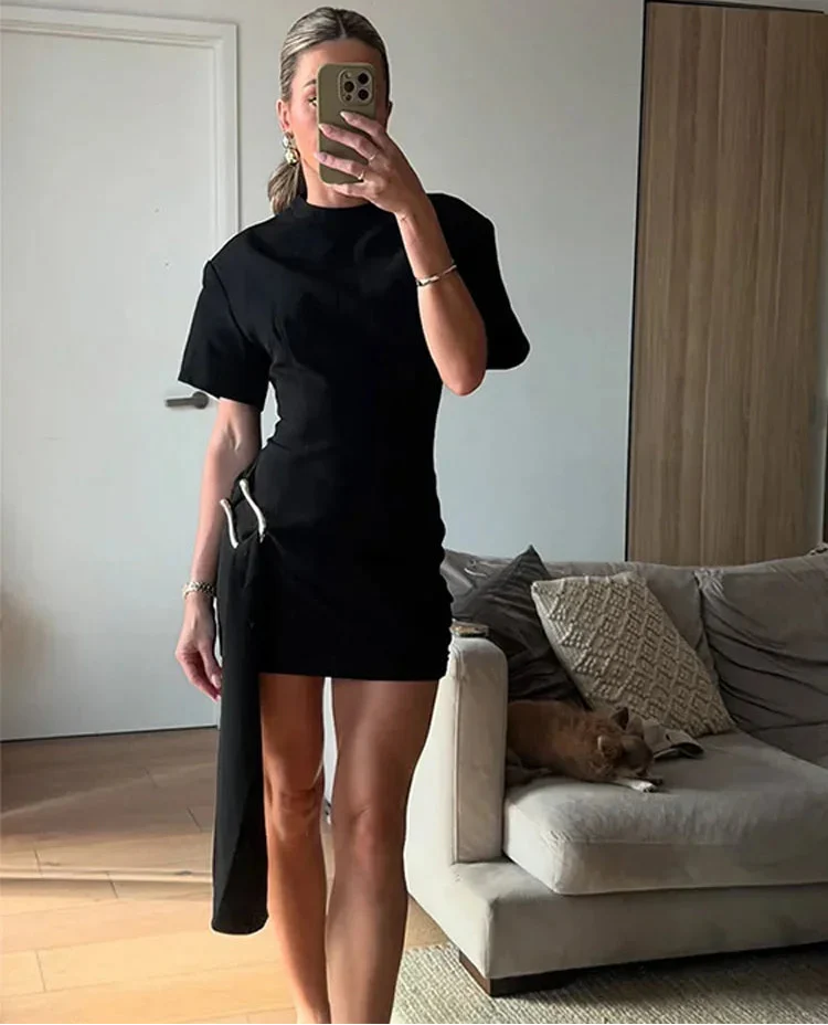 O-Neck Ribbon Button Short Sleeve Mini Dress