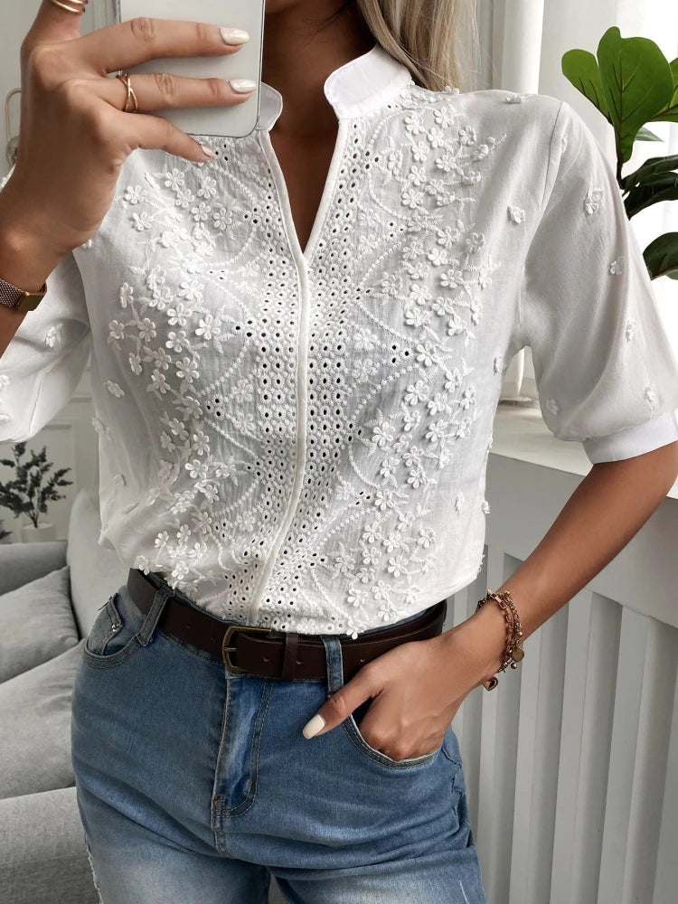 Embroidered Stand Collar Lantern Sleeve Hollow-Out Blouse