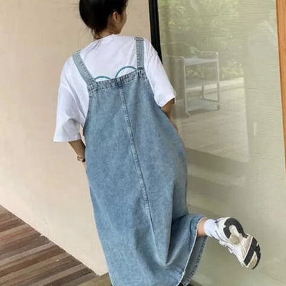 Denim Overall Dress Women Sleeveless Jeans Dress Spaghetti Strap Casual Loose