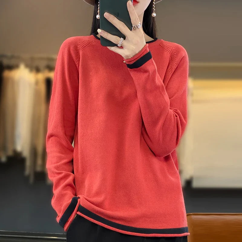 Round Neck Cotton Knit Sweater Long Sleeve Regular Fit