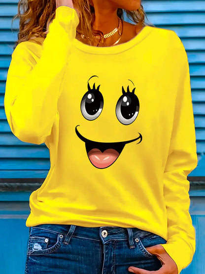 100% Pure Cotton Cartoon Cat T-Shirt Women Long Sleeve Round Neck Loose Comfortable