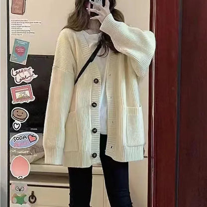 Women's Korean Style V-Neck Cardigan - Loose Fit Knit Sweater