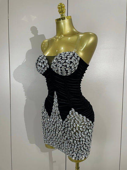 Women's Sparkly Diamond Mesh Velvet Mini Dress