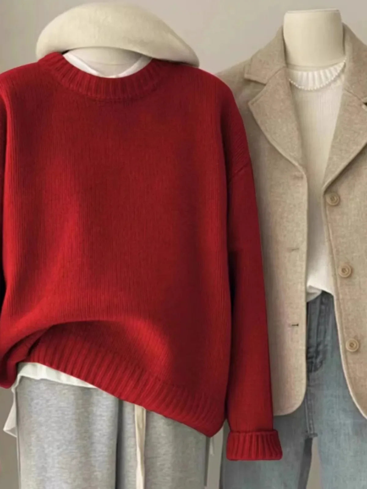 Round Neck Cashmere Sweater Long Sleeve Loose Fit Pullover