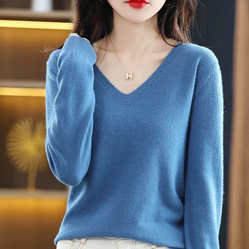 V-Neck Knit Sweater Long Sleeve Slim Fit Pullover