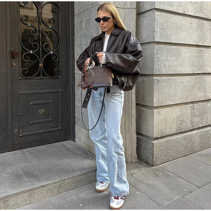Women's Vintage PU Leather Bomber Jacket with Belt