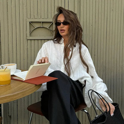 Stand Collar Button-Up Shirt Puff Sleeve Loose Fit Blouse