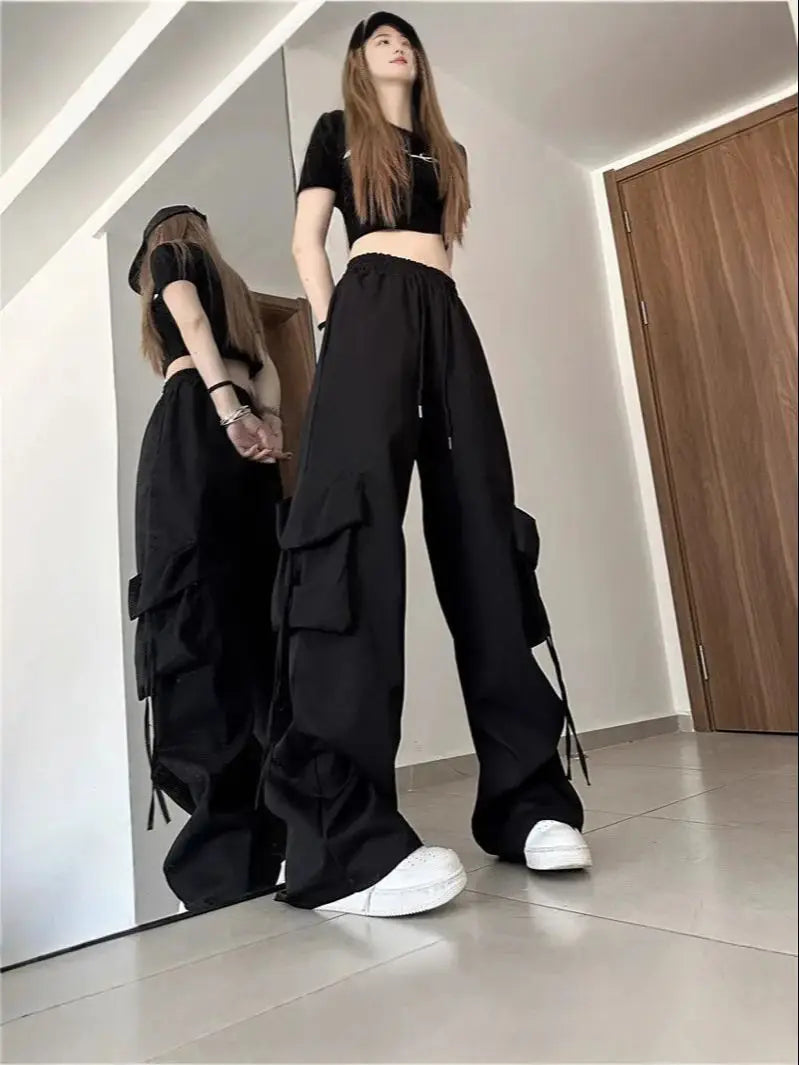 Mid Waist Cargo Pants Loose Fit Big Pockets Elastic Waist Ankle Length