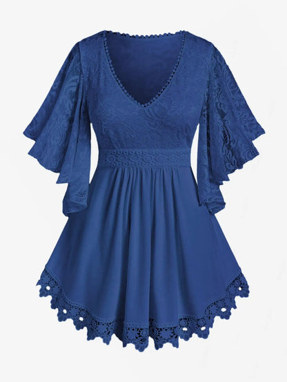 Women's Flower Lace Insert Criss-Cross T-Shirt
