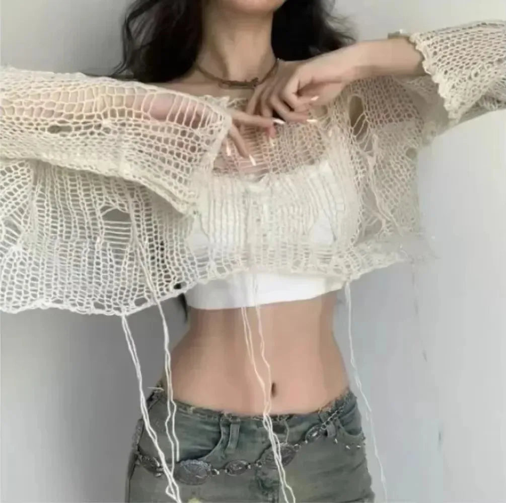 Round Neck Hollow-Out Ripped Cropped Knit Top Long Sleeve Loose Fit