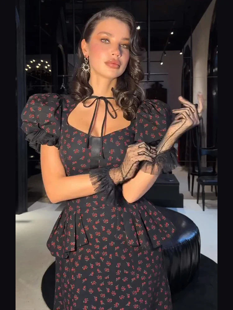 Floral Print Women's Long Dresses Square Neck Short Puff Sleeve Ruffle Mermaid Dress 2026 Spring Trendy Female Fashion Robes