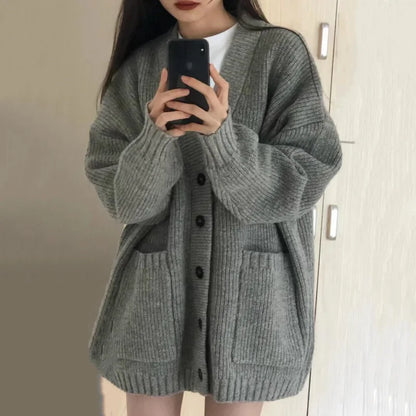 Women's Korean Style V-Neck Cardigan - Loose Fit Knit Sweater