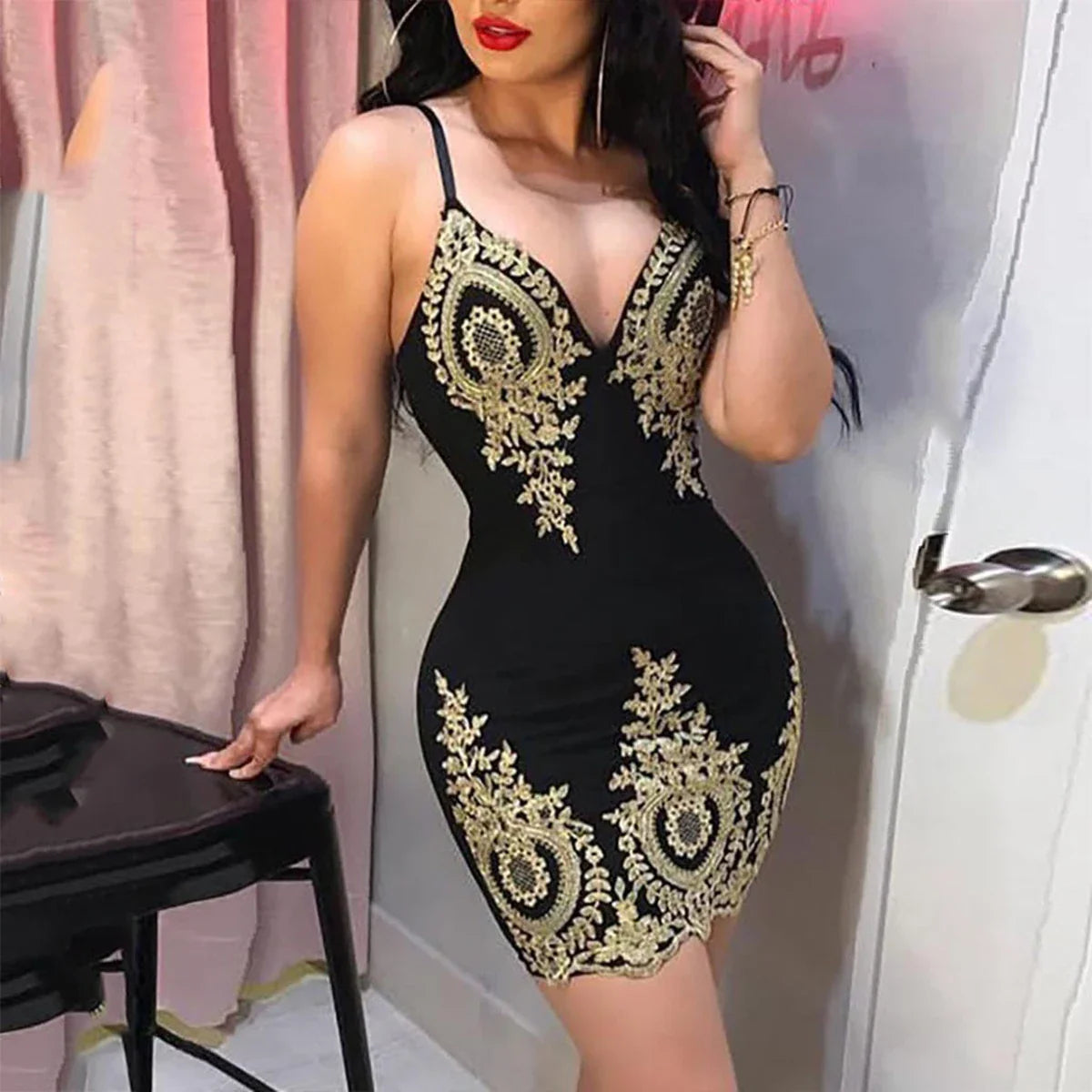 Women's Floral Spaghetti Strap V-Neck Slim Mini Dress