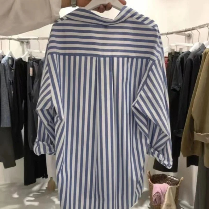 Striped Puff Sleeve Polo-Neck Shirt