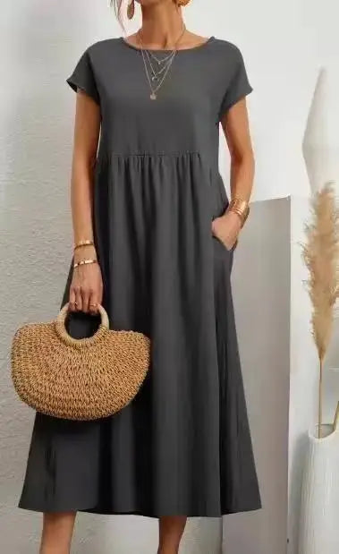 Cotton Linen Short Sleeve Shirred Loose Maxi Sundress