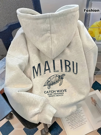 Women's Letter Malibu Turtle Cartoon Pattern Print Fashion Hooded Sweatshirt Long Sleeve